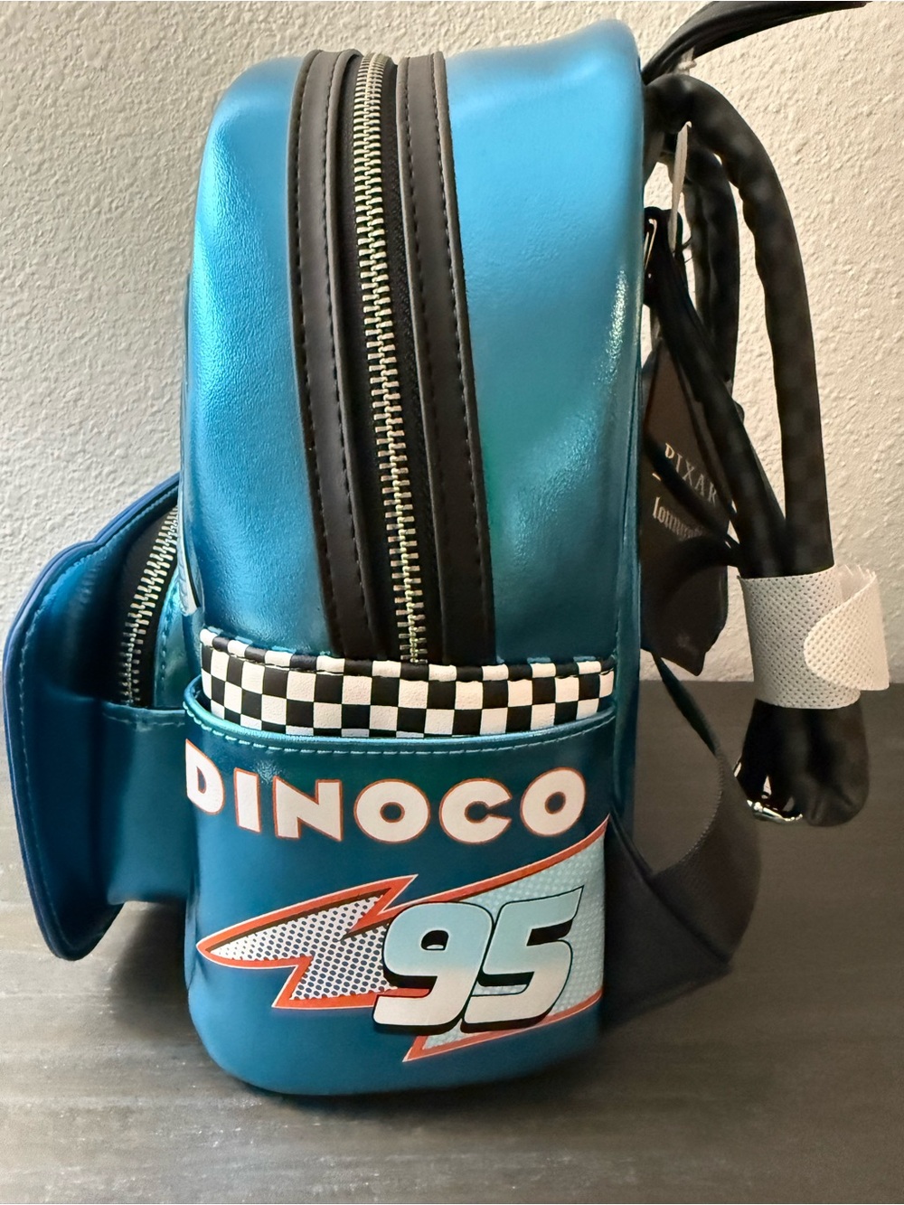 Loungefly Metallic Teal Blue Pixar Dinoco Lightning McQueen Mini Backpack, NWT - Picture 3 of 6